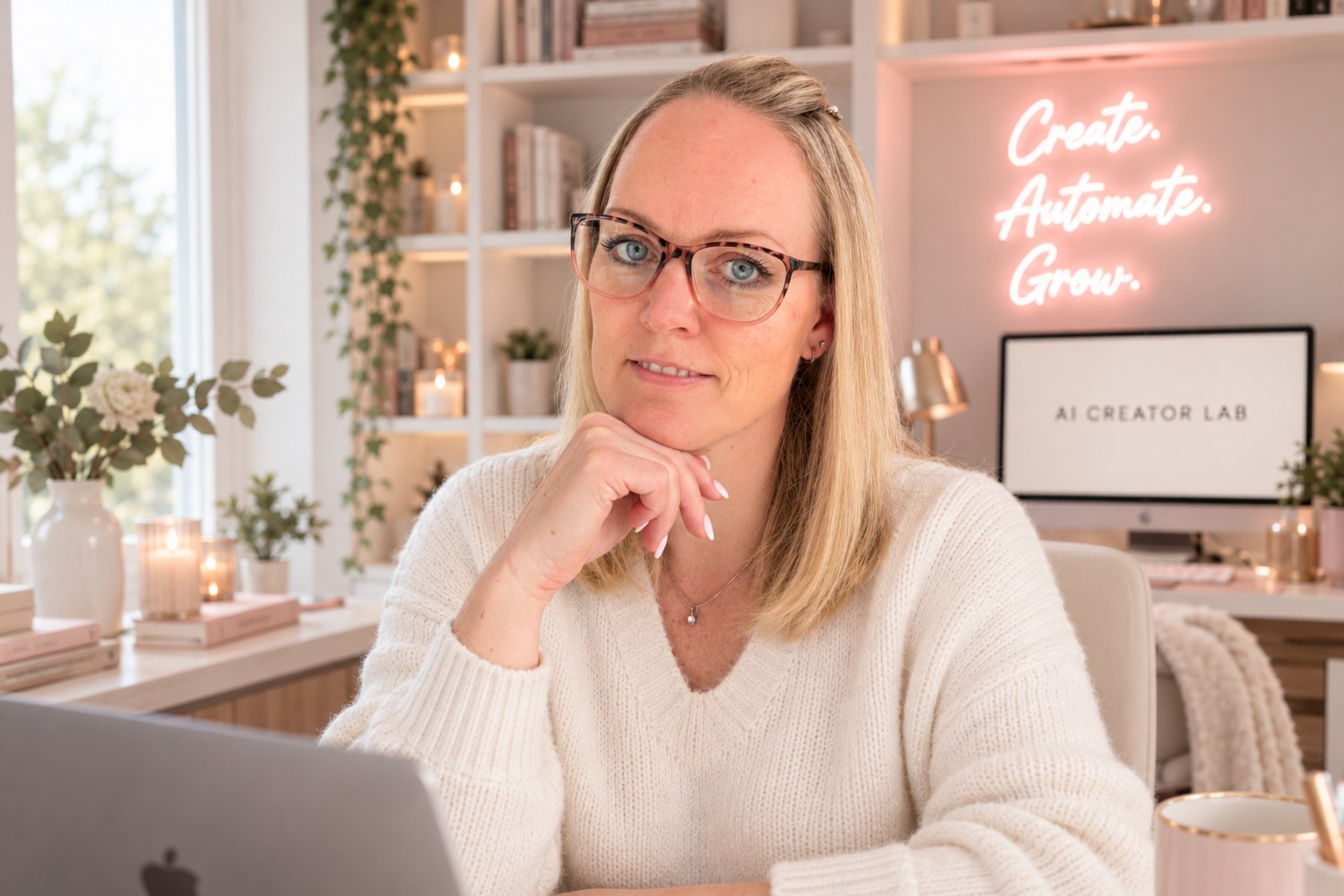 Christina at her desk with a rose gold laptop and a neon sign reading Create. Automate. Grow.