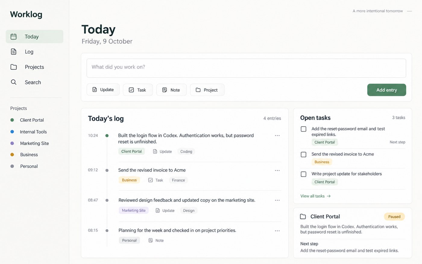 The first design idea for Worklog, in green and grey