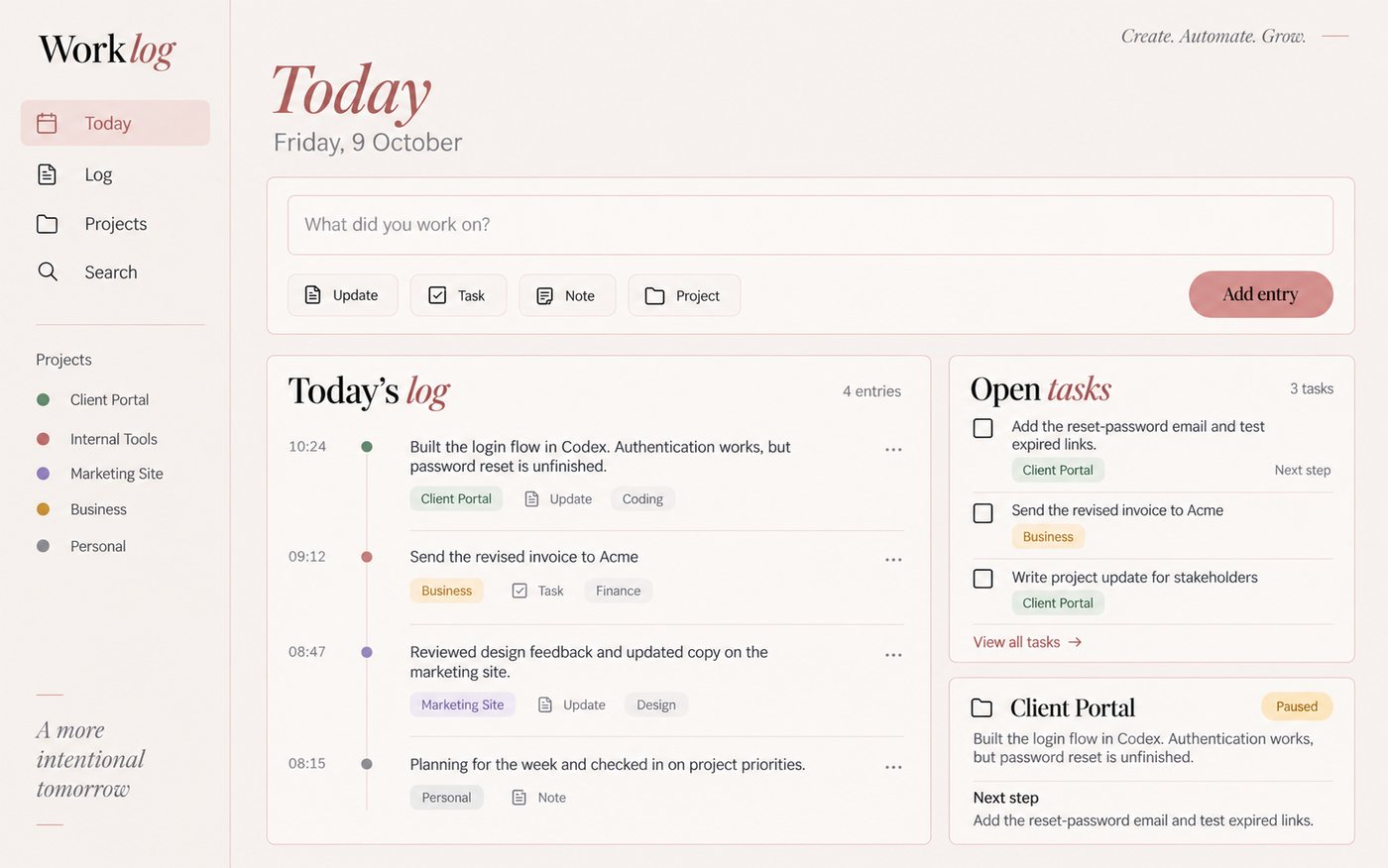 The same design in Miss Marketina's blush pink, with serif headings and the tagline Create. Automate. Grow.