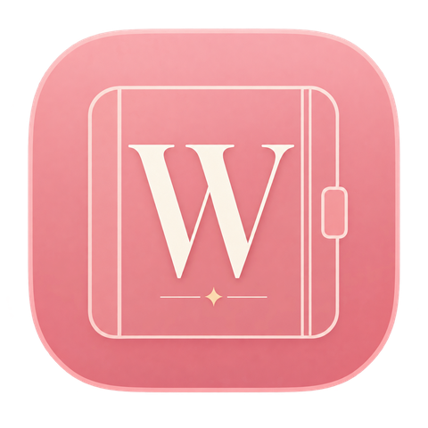 The Worklog app icon: an ivory W on a blush pink journal, with a small gold star